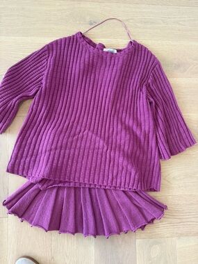 Free People Ribbed Knit Top & Pleated Skirt Set - Magenta